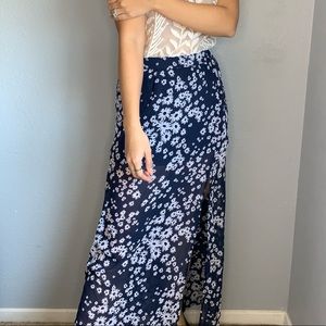 Hollister Navy Floral Double Slide Slit Maxi Skirt